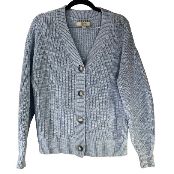 Loft Light Blue Chunky Knit Button Up V Neck Cardigan Sweater Reg Size Small - Picture 1 of 6